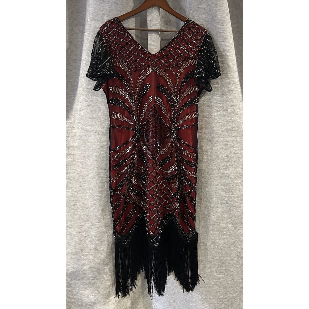 Fundaisy Womens 2XL Flapper Dress Gatsby Beaded Fringe Red Black‎ Read